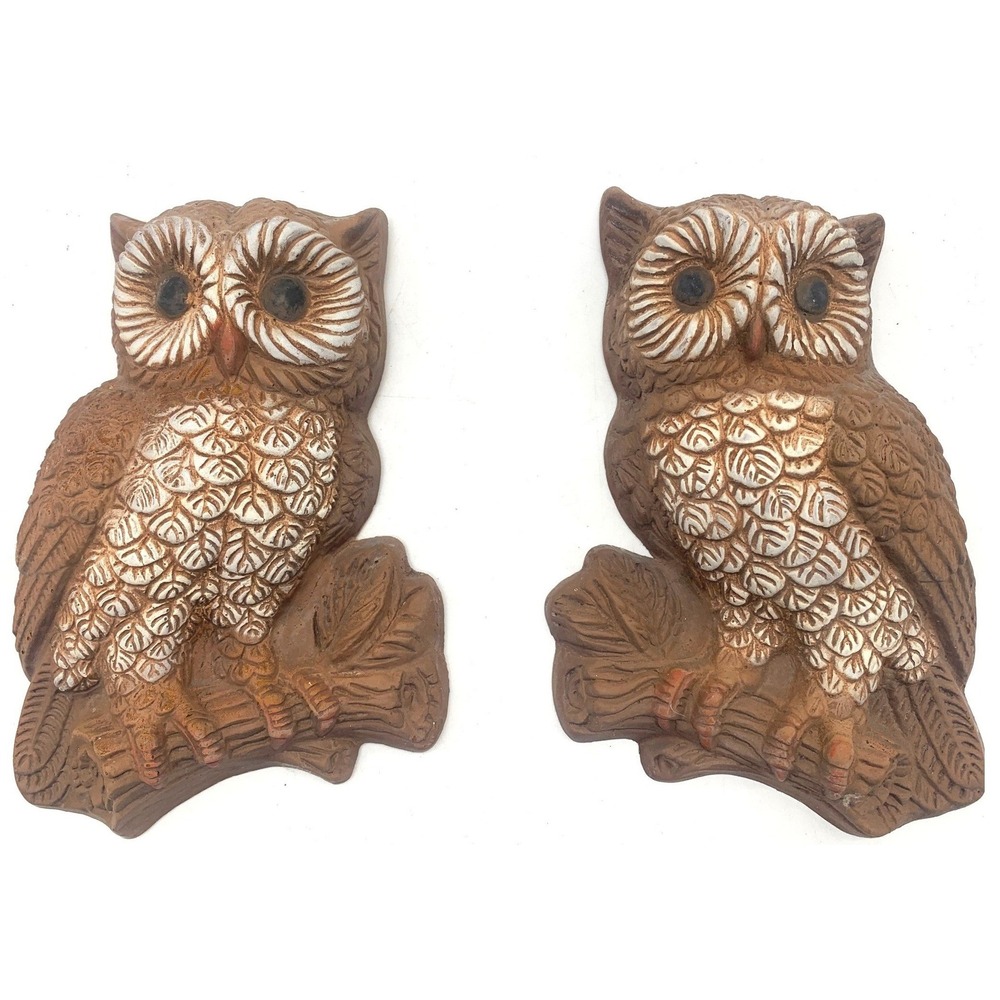 Vintage Owl‎ Wall Plaques Pair Brown Faux Wood Burwood Style Retro Boho Decor